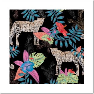 Leopard colorful tropical leaves, hibiscus artistic flower Posters and Art